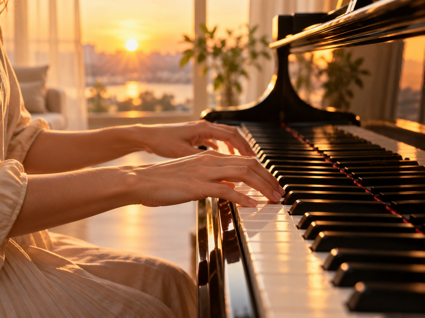 Đôi tay chơi piano trong ánh sáng ấm áp